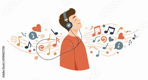 Joyful young man wearing headphones, eyes closed, enjoying his favorite music as colorful notes and hearts flow around him.