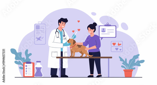 Veterinarian administering a vaccine injection to a happy dog puppy held by its female owner during a routine check-up in a modern veterinary clinic.