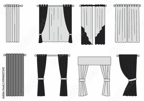 Curtains and Drapes Vector Icon Set. Various window treatment styles including tie-backs, valances, and grommet panels.