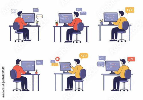 Programmer working on desktop computer vector illustration set. Developer coding, debugging, and communicating in a software development environment.