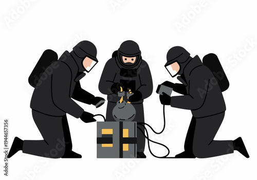 Bomb disposal team in protective suits defusing an explosive device with specialized equipment, illustrating emergency response and danger mitigation.