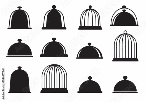 Black and white vector icon set featuring assorted dome shapes, including food cloches, serving dishes, and bird cages.