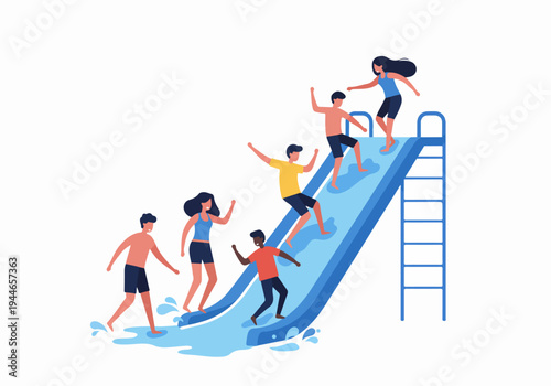 Diverse friends enjoying summer fun on a water slide, splashing water in an aqua park illustration isolated on a white background.