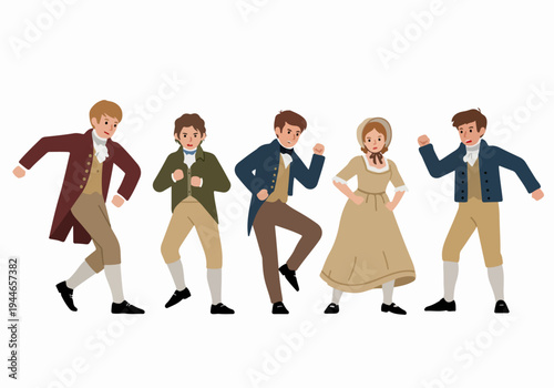 Dynamic vector illustration of historical characters in 19th-century attire dancing or arguing, isolated on white background.