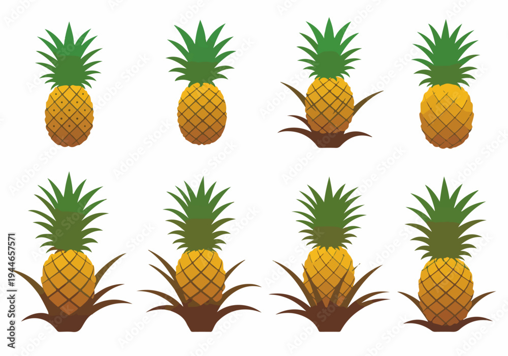 Fototapeta premium Collection of flat design pineapple vector illustrations, featuring fruits isolated and growing in stylized plants.