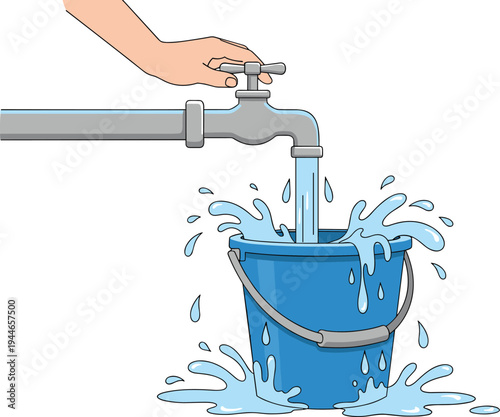 Hand Turning Off Water Tap To Stop Overflowing Blue Bucket Illustrating Water Conservation Resource Management Environmental Awareness And Domestic Plumbing Issues