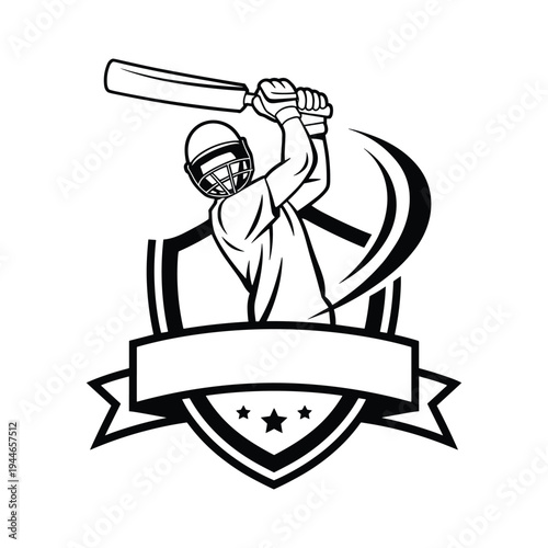 Cricket batsman swinging a bat inside a crest emblem with ribbon and stars