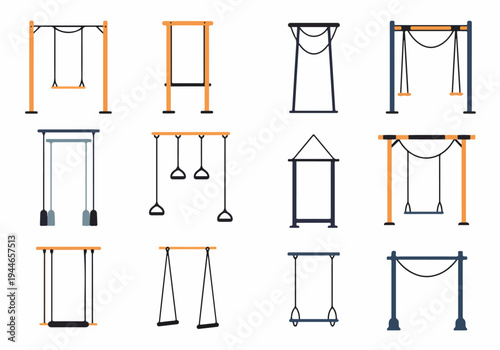 Flat Vector Set of Various Playground Swings, Horizontal Bars, and Fitness Suspension Equipment Icons Isolated on White.