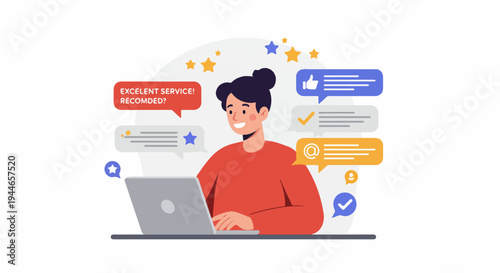 Customer satisfaction concept illustration showing a woman giving excellent service feedback and positive reviews using her computer.