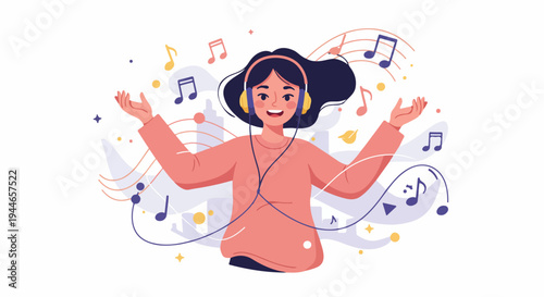 Joyful young woman enjoying her favorite music through headphones, surrounded by floating musical notes and abstract sound waves.