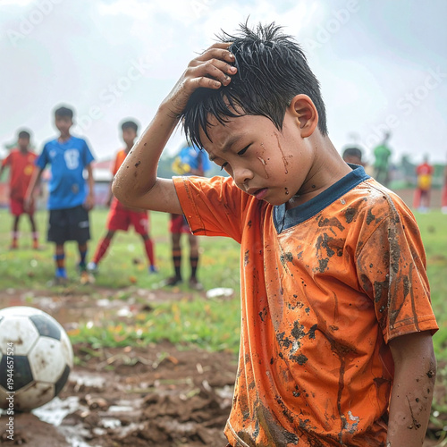 Sad young boy in a muddy jersey stands dejected on a soccer field after a loss. An evocative image portraying sportsmanship and perseverance, ideal for editorial or motivational projects.