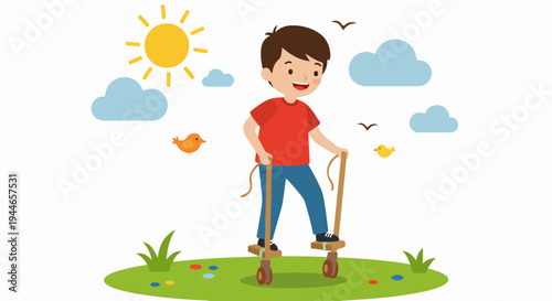 Happy boy playing outdoors with wooden wheeled stilts under a sunny sky, vector illustration.