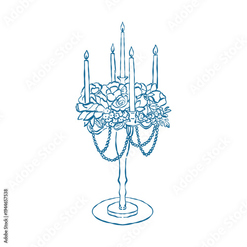A hand-drawn vintage wedding candelabra with candles, flowers, and blue pearl beads. Vector outline illustration of a festive antique candelabra in a retro sketch style.
