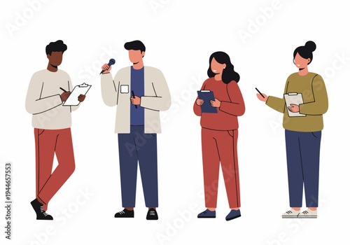 Professional team of reporters, interviewers, and journalists standing with clipboards and a microphone, isolated vector illustration.