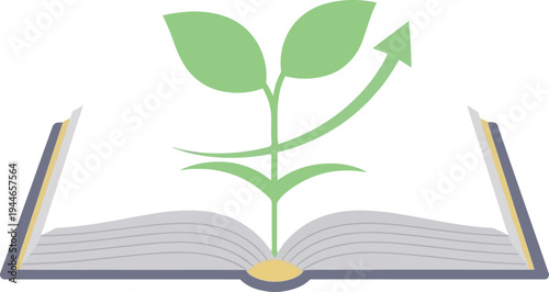 An open book featuring green leaves and a vibrant flower symbolizes the organic growth of knowledge and wisdom through nature and literature on a clean white background