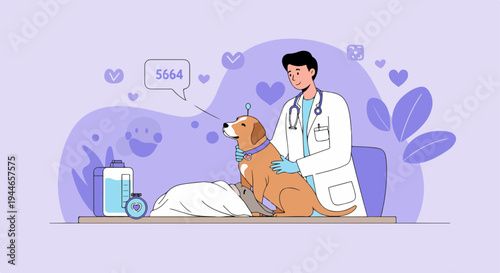 Friendly veterinarian examining a happy dog on an exam table during a routine pet health checkup.