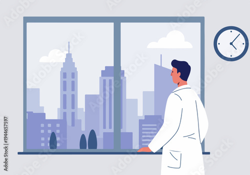 Medical professional in a lab coat looks out the high-rise window at the modern city skyline, taking a brief contemplation break.