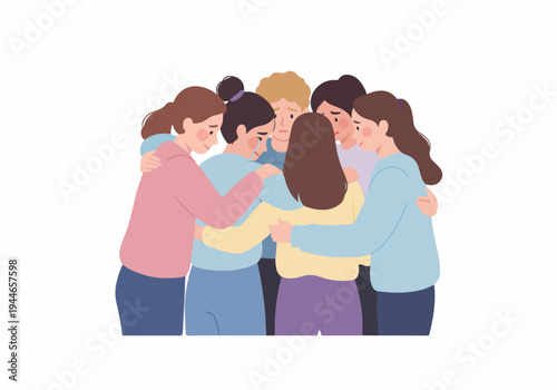 Friends hugging and comforting each other, showing empathy and emotional support during a moment of sadness or crisis.