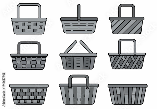 Gray woven basket icons set. Collection of different picnic, shopping, and storage container illustrations in flat line art style.