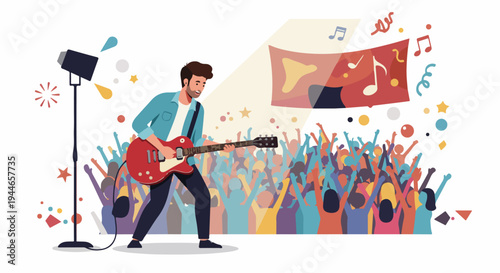 Energetic live music concert illustration featuring a guitarist performing solo for a cheering audience under a spotlight.