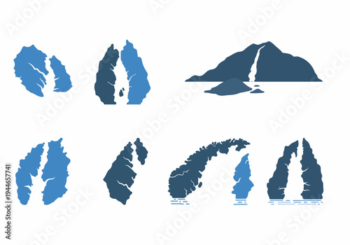 Stylized collection of geographical vector silhouettes including fjords, mountains, and split islands on a white background.
