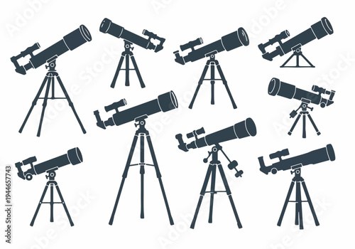 Various Telescope Silhouettes on Tripods Set Isolated on White Background for Astronomy and Observation