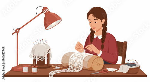 Young woman meticulously handcrafting traditional lace on a bolster pillow, illuminated by a desk lamp, showcasing patience and textile artistry.