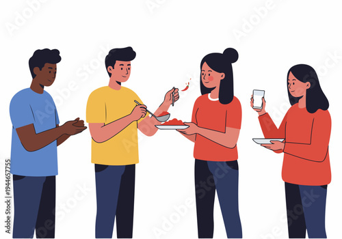 Diverse group of friends tasting and sharing spicy food during a social gathering, flat vector illustration.