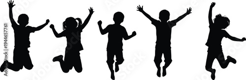 Dynamic vector graphic illustration capturing the pure exhilaration of five diverse children joyfully leaping high into the air with outstretched arms.