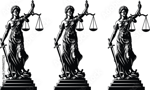 Lady Justice silhouette set with scales and sword, blindfolded goddess of law, judicial system icon, legal authority, courtroom balance vector.