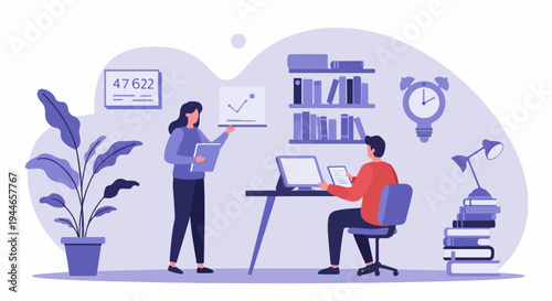 Business colleagues analyzing data and working in a modern office environment with professional presentation and technological devices.