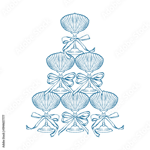 Elegant hand-drawn champagne tower with whimsical bows. Seashell-shaped glasses for a coastal wedding. Martini pyramid. Isolated vector blue outline illustration. Festive alcoholic drinks