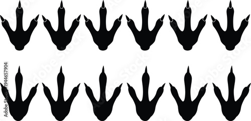 Set of black dinosaur footprint silhouettes, prehistoric animal bird tracks, reptile paw print icons, isolated on white background, palaeontology design elements.