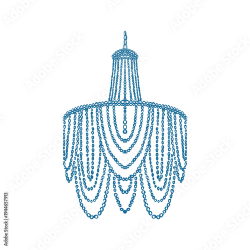 A whimsical crystal chandelier, a pearl bead chandelier in a linear style. Vintage chandelier for weddings, Christmas, and holidays. A luxurious interior piece. Vector blue outline illustration.