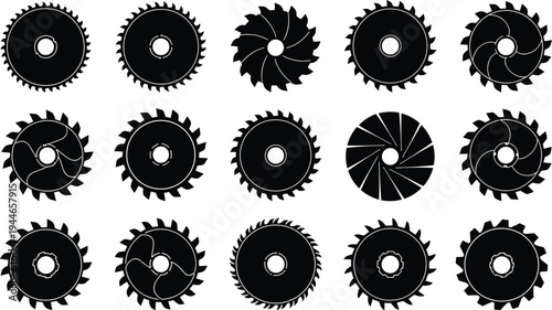 Set of circular saw blade silhouettes, industrial cutting tools, steel timber disc icons, carpentry equipment symbols, isolated on white background, woodworking elements.