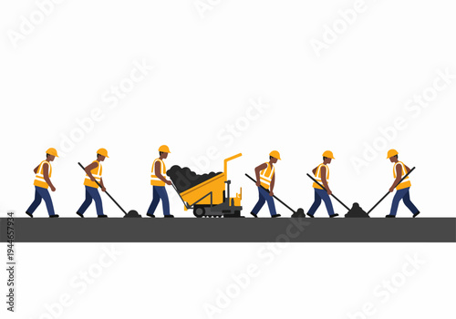 Group of construction workers in safety gear manually laboring, using shovels and a motorized dump cart for roadwork on a white background.