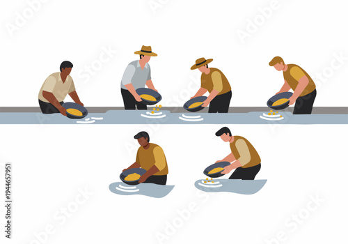 Gold Panning Illustration: Group of Miners Searching for Gold Nuggets in a River Stream Using Traditional Panning Technique.
