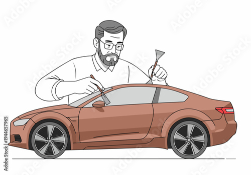 Professional worker installing vinyl wrap or tint film on a modern coupe vehicle, showcasing auto detailing service.