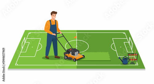 Groundskeeper cutting the grass on a football field using a lawnmower, illustrating pitch maintenance and gardening duties.
