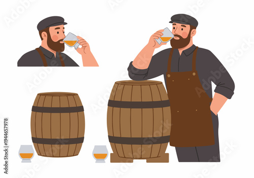 Cartoon illustration of a bearded man in an apron tasting whiskey while leaning on a wooden aging barrel, representing distillation and craft spirits.