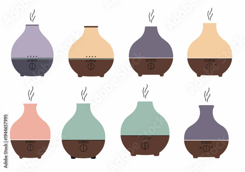 Minimalist flat vector illustration set of eight colorful aroma diffusers and humidifiers for wellness, spa, and home decor.