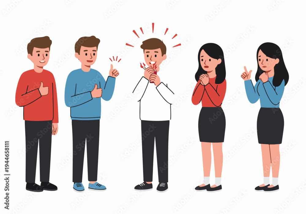Fototapeta premium Extreme spice challenge: Man reacting to hot chili while friends show thumbs up and concern.