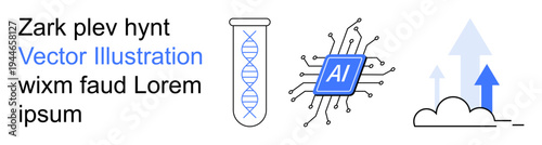 Artificial intelligence, biotechnology, cloud technology, future innovation, data processing, science advancements. DNA helix, AI chip and cloud with arrows. Artificial intelligence