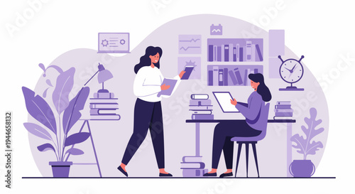 Students or researchers working with books and technology in a study room, focusing on education and knowledge acquisition.