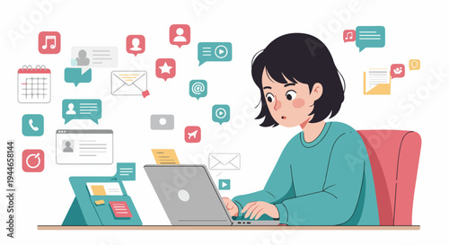 Digital Overload Concept: Woman overwhelmed by stream of notifications, emails, and social media while working on her laptop.