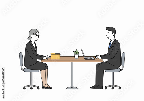 Professional business consultation or job interview between an older woman and a younger man across a desk, simple vector illustration.