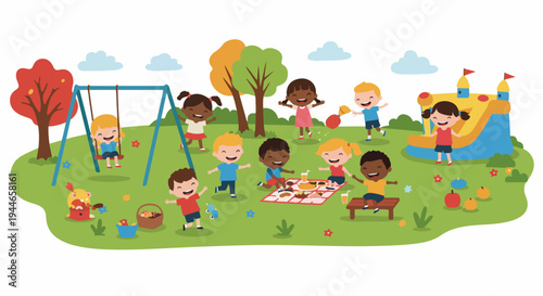 Happy diverse kids enjoying playtime and picnic activities in a vibrant park or playground setting.