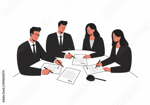 Four Business People Signing Legal Contracts and Agreement Documents at a Table with a Gavel.