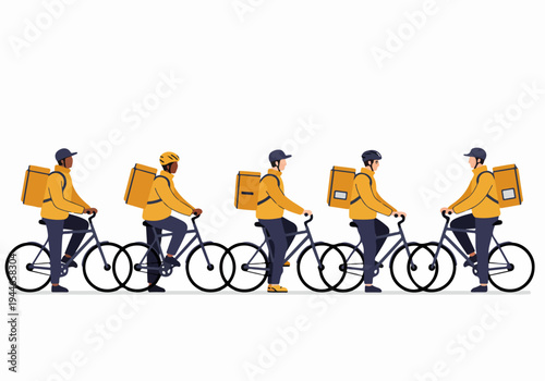 Group of professional bike delivery couriers carrying thermal backpacks, ready for fast urban food and package delivery service.
