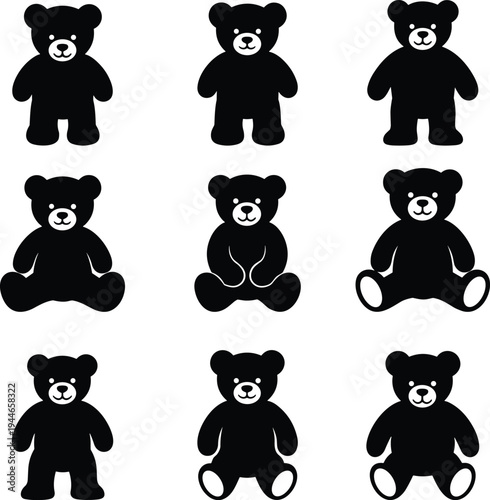 Collection of Cute Teddy Bear Silhouettes Including Sitting and Standing Toy Icons for Kids Birthday Baby Shower and Nursery Design